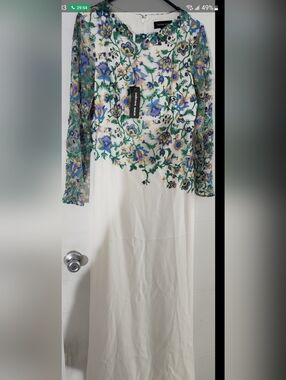 Tadashi Shoji White Long Dress with Blue, Purple & Green Floral Embroidery